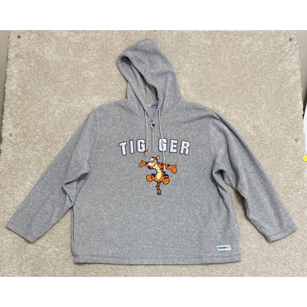 Disney Fleece Hoodie Tigger Gray LARGE 1/4 Zip Embroidered Sewn In Letters